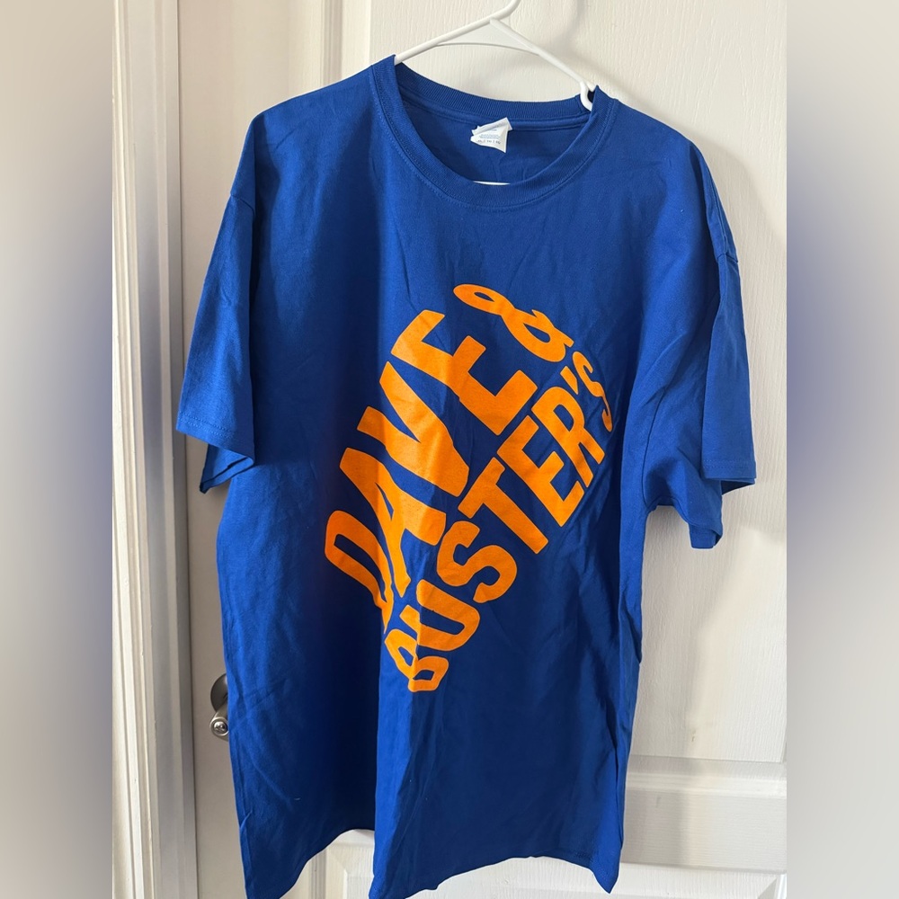 Blue T-Shirt with Orange Graphic
